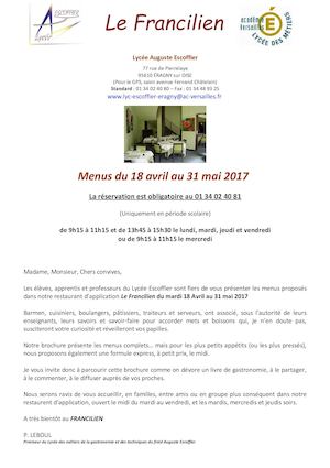 Menus d'avril et mai 2017 du Francilien