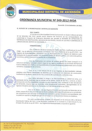 Ordenanza Municipal 049 2012 Mda (Régimen De Extracción De Materiales De Construcción)