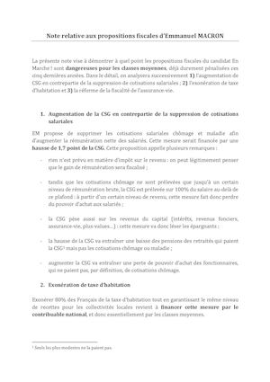 Carrez Note Relative Aux Propositions Fiscales D'e Macron