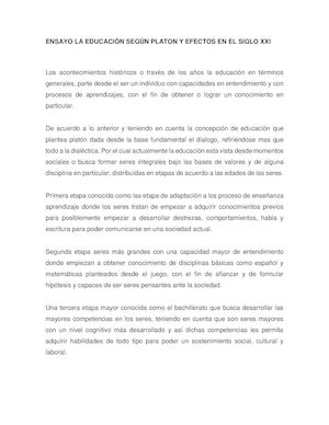 Ensayo La Educación Según Platon Y Efectos En El Siglo Xxi