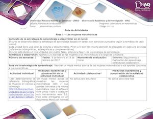 Guía De Actividades Y Rúbrica De Evaluación Unidad 1 Fase 1 Las Mujeres Matemáticas Docx