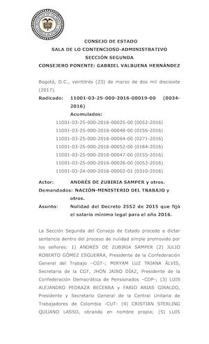 Sentencia Consejo De Estado Incremento Salario Minimo 2016