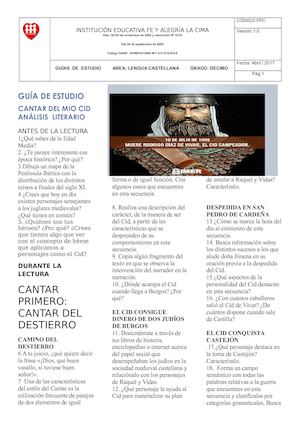 ANÁLISIS LITERARIO Sobre El Mio Cid