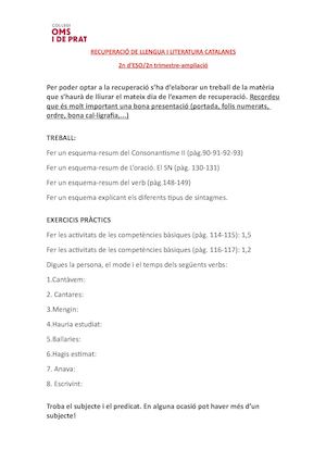 Recuperació De Llengua I Literatura Catalanes 2n Eso 2n Trim
