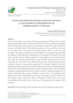 SOCIAL FACTORS INFLUENCING LANGUAGE CHANGE:  A CASE OF KIBENA TO KIMASWITULE IN  NJOMBE DISTRICT, TANZANIA
