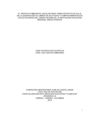 EL PROYECTO AMBIENTAL ESCOLAR PRAE COMO PROYECTO DE AULA, EN LA GENERACIÓN DE CAMBIO DE ACTITUDES Y COMPORTAMIENTOS DE LOS ESTUDIANTES DEL GRADO DECIMO DE LA INSTITUCIÓN EDUCATIVA MISIONAL SANTA TERESITA