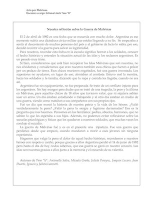 Reflexión Sobre La Guerra De Malvinas 7º