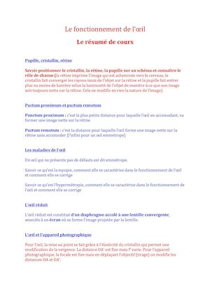 Le Fonctionnement De L’œil Résumé De Cours