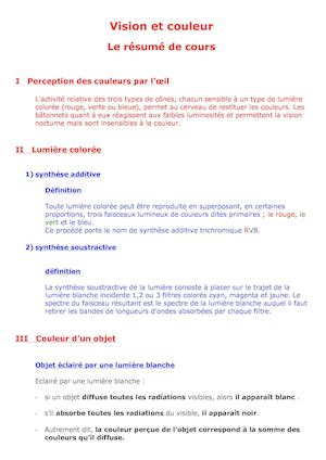 Vision Et Couleur Résumé De Cours