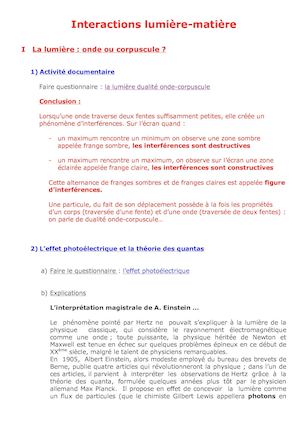 Interactions Lumière matière Cours Élève