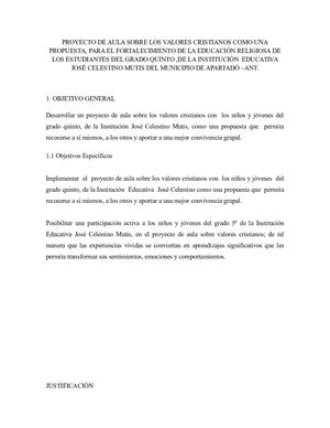 Proyecto De Aula Sobre Los Valores Cristianos Como Una Propuesta
