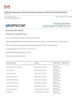 Gmail Usps Item Delivered, Left With Individual For Shipment 9505516247727082101019