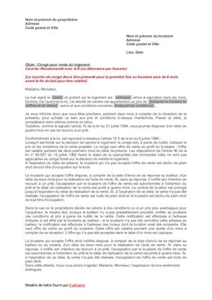 Lettre de congé pour vente