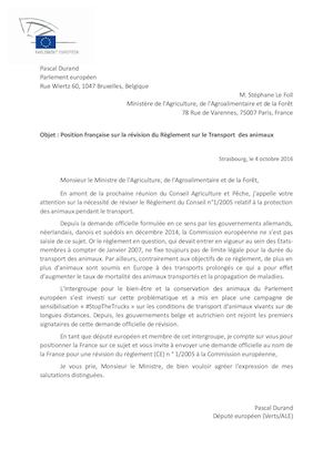 Courrier M Le Foll 04/10/16 Position française sur la révision du Règlement sur le Transport des animaux
