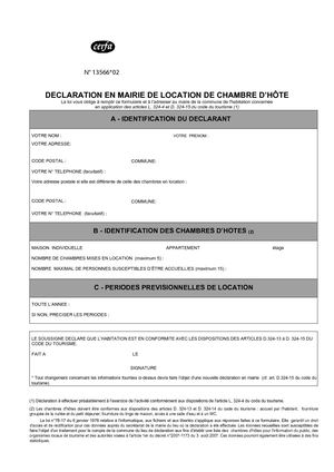 Cerfa 13566 déclaration d'une chambre d'hôtes