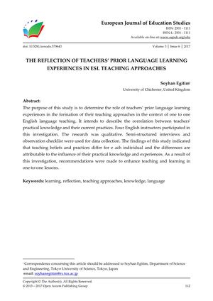 The Reflection of Teachers’ Prior Language Learning Experiences in  ESL Teaching Approaches