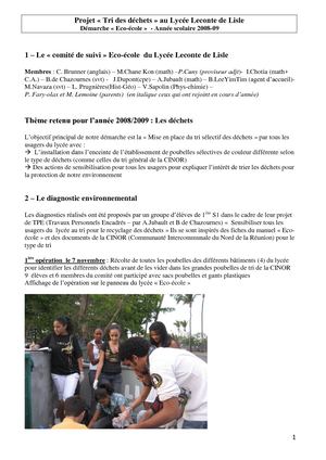 Projet « Tri Des Déchets » Au Lycée Leconte De Lisle