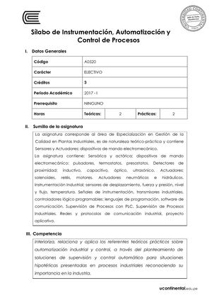 A0520 Silabo Instrumentación, Automatización Y Control De Procesos
