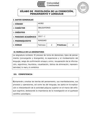 A0382 Silabo Psicología De La Cognición, Pensamiento Y Lenguaje