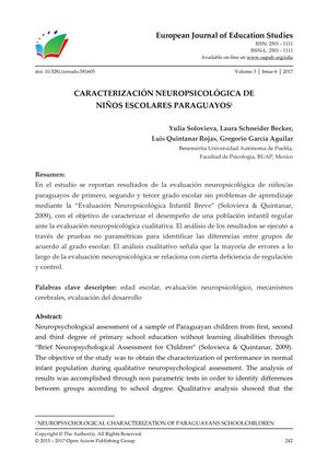 CARACTERIZACIÓN NEUROPSICOLÓGICA DE  NIÑOS ESCOLARES PARAGUAYOS  / NEUROPSYCHOLOGICAL CHARACTERIZATION OF PARAGUAYANS SCHOOLCHILDREN