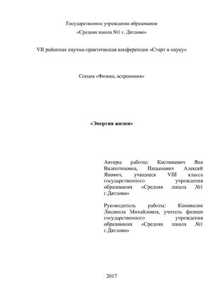 Исследовательская работа ЭНЕРГИЯ ЖИЗНИ