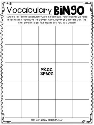 Vocabulary Games Bingo Board 1
