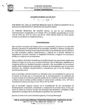 ACUERDO 010-2017 - FORTALECIMIENTO DE LA JUSTICIA  EN EQUIDAD - MUNICIPIO DE CALOTO