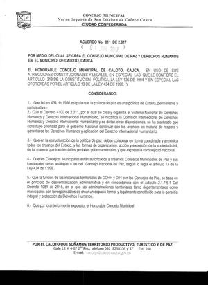 ACUERDO 011-2017 - CREACION CONSEJO MUNICIPAL DE PAZ DE CALOTO