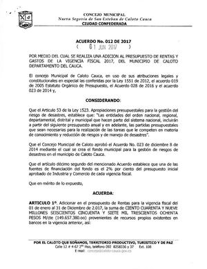 ACUERDO 012-2017 - ADICION AL PRESUPUESTO DEL MUNICIPIO DE CALOTO