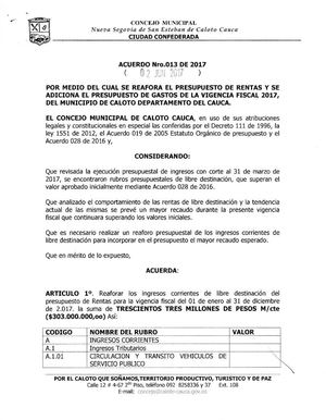 ACUERDO 013-2017 - REAFORACION PRESUPUESTO DE RENTAS - MUNICIPIO DE CALOTO