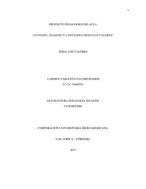 PROYECTO PEDAGÓGICO DE AULA  "LOS VALORES"