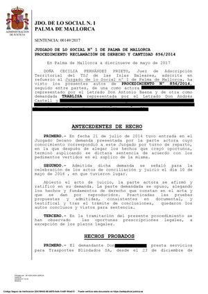 Sentencia Transportes Trablisa Mallorca (SENTENCIA: 00149/2017)