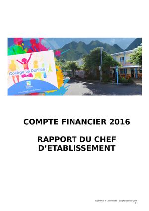 Rapport Du Chef D'etablissement Compte Financier 2016