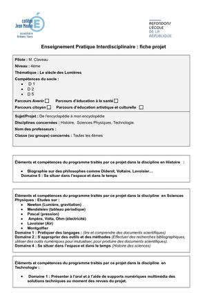 Fiche Epi 4eme Le Siècle Des Lumières