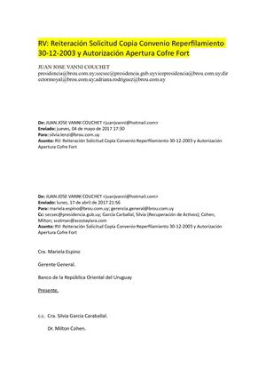 Reiteración Solicitud Copia Convenio Reperfilamiento 30-12-2003 y Autorización Apertura Cofre Fort