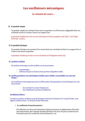 BTS 2 Les Oscillateurs Mécaniques Résumé De Cours