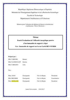 L’évaluation de l’efficacité énergétique passive  d’un immeuble de rapport à Alger
