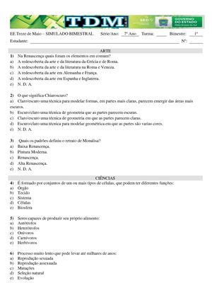SIMULADO 7º Ano EF - 1º Bimestre - 2017