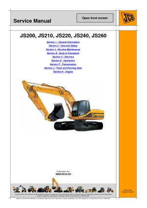 JCB JS260 TRACKED EXCAVATOR Service Repair Manual SN（1040000 To 1041999）.