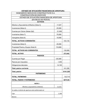 Estado De Situación Financiera De Apertura