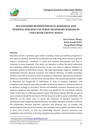 RELATIONSHIP BETWEEN PHYSICAL RESOURCES AND  INTERNAL EFFICIENCY OF PUBLIC SECONDARY SCHOOLS IN TANA RIVER COUNTY, KENYA