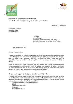Démarches à effectuer/recours sélection M1