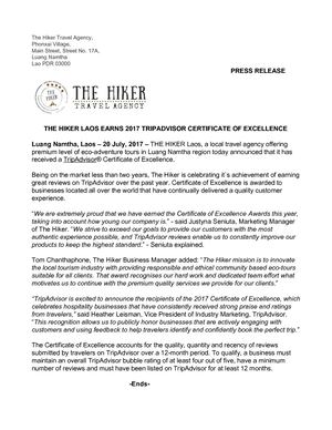 The Hiker Press Release 2017 Trip Advisor Certificate Of Excellence (1)
