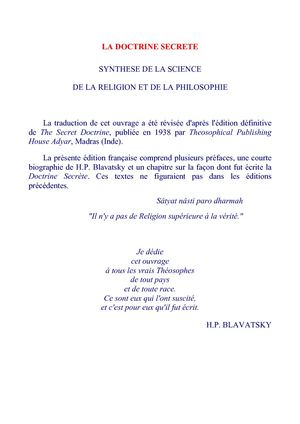 Helena Blavatsky - La Doctrine Secrète - Tome 1 - Synthèse De La Science De La Religion Et De La Philosophie