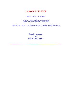 Helena Blavatsky - La Voix Du Silence - Extraits Du Livre Des Préceptes D'or