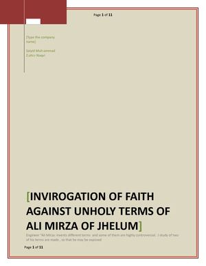 Invirogation Of Faith Against The Faithless Terms Coined By Ali Mirza Of Jhelum