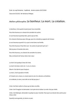 Ateliers philosophie. Bonheur Mort Création.