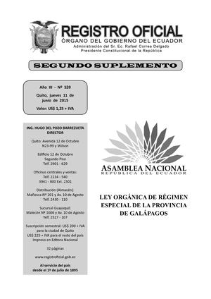 Registro Oficial N° 520 Ley Orgánica De Régimen Especial De La Provincia De Galápagos