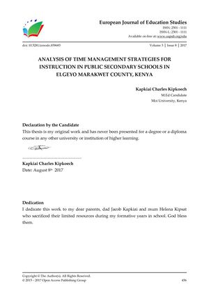 ANALYSIS OF TIME MANAGEMENT STRATEGIES FOR INSTRUCTION IN PUBLIC SECONDARY SCHOOLS IN  ELGEYO MARAKWET COUNTY, KENYA