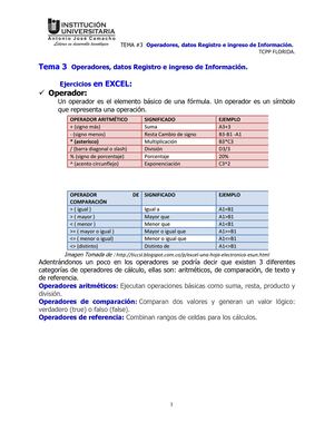 Tema 3 Operadores, Datos Y Registro De Informacion En Excel
